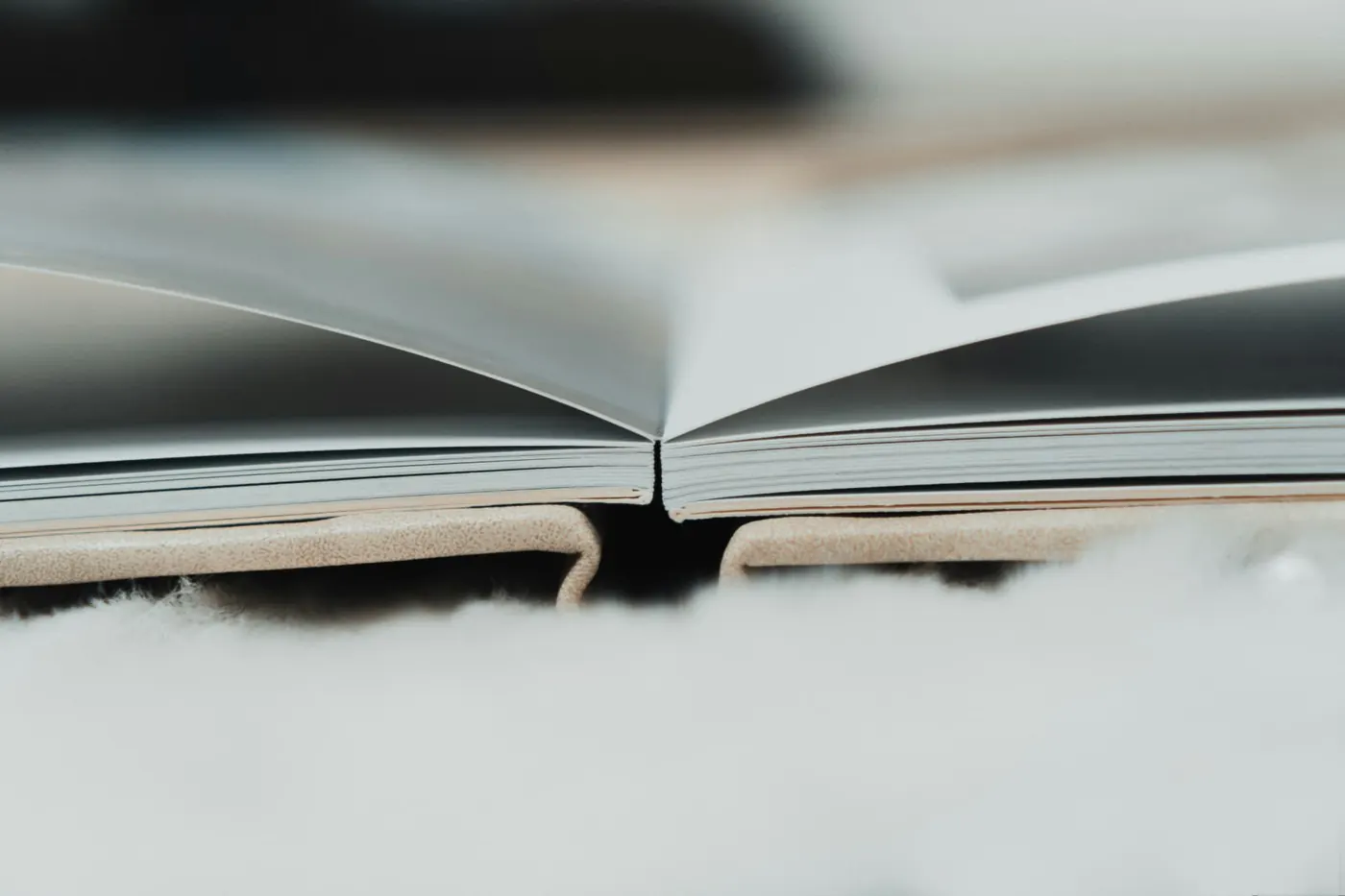 Close-up of the bound spine of an open hardcover photo book