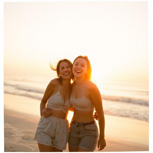 Two friends laughing on a beach at golden hour